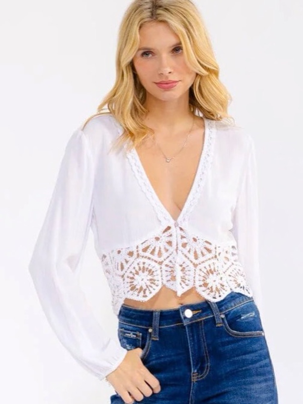 A590. White Crochet-Trim V-Neck Women's Top
